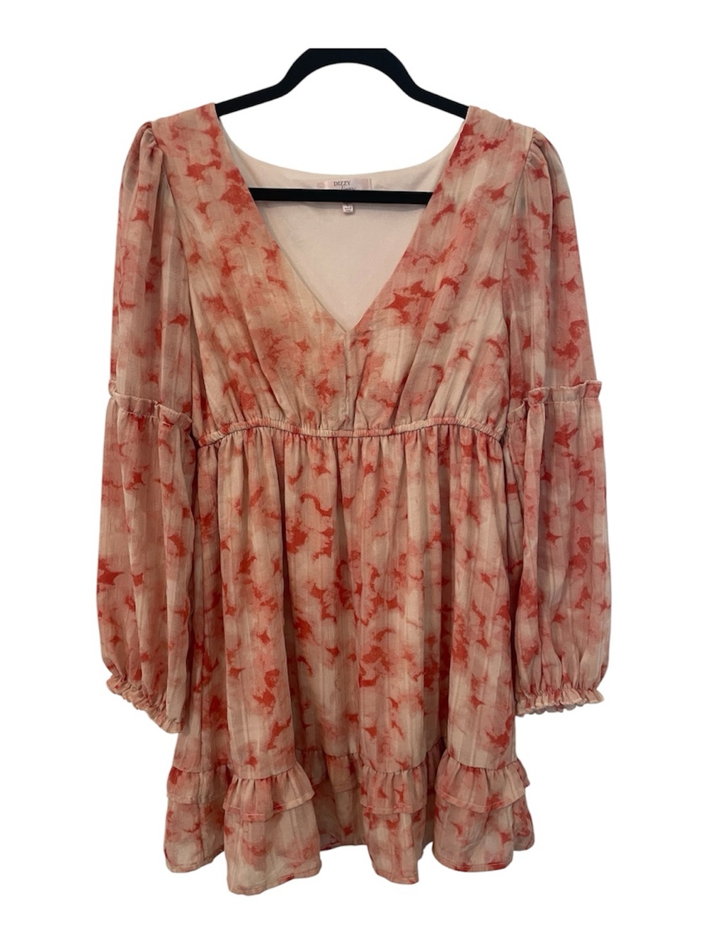 Dizzy Lizzy Smocked V-neck Surplice Long Balloon Sleeve Babydoll Dress